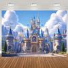 2D Flat Fantasy Castle Background with Hanging Perforated Rope, Birthday Party Banner