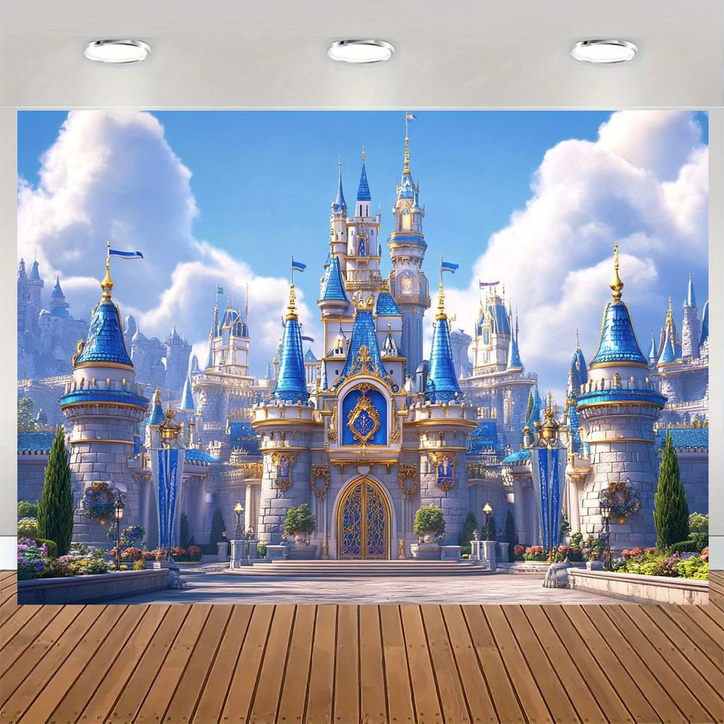 2D Flat Fantasy Castle Background with Hanging Perforated Rope, Birthday Party Banner
