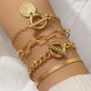5pcs Set Hip Hop Punk Gold Color Snake Bone Chain Bead Chain OT Clasp Multi-layer Bracelets for Women Personality Jewelry Sets