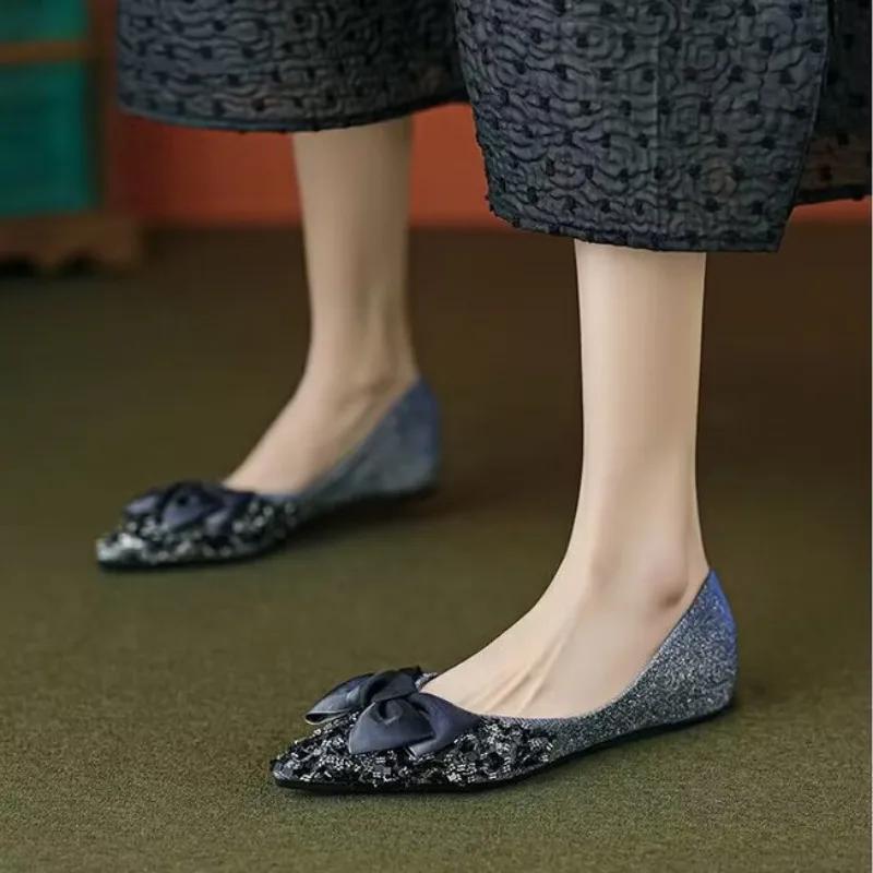 Fashion Woman Flats Diamond With Heel Shiny Bow Pointed Toe Shoes for Women Elegant Dress Wholesale Spring Young Low Price Genuine Mark