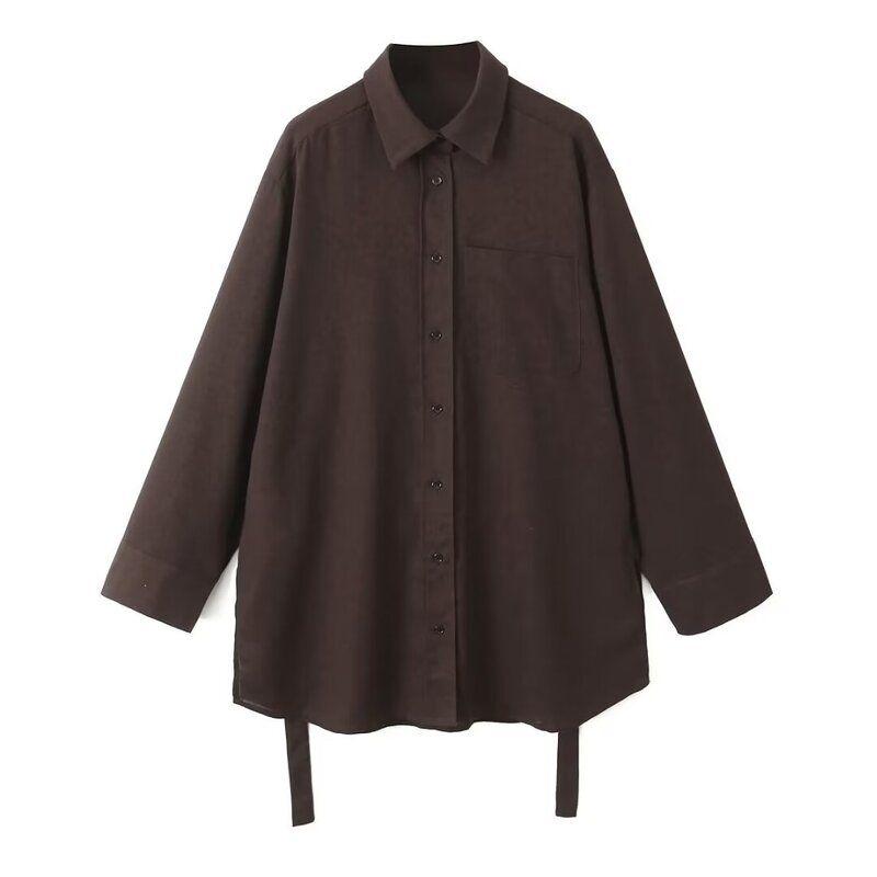 Fashion Style 24 Vintage Brown Pure Linen Mid Length Long Length Shirt Style Outwear Elastic Waist Pants 06043953717