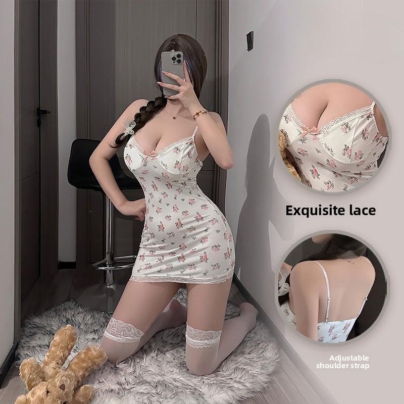 Sexy Floral Patchwork Lace Lingerie Dress for Women Low Cut Pure Desire Style Spaghetti Strap Bodycon Nightwear Sleepwear Outfit