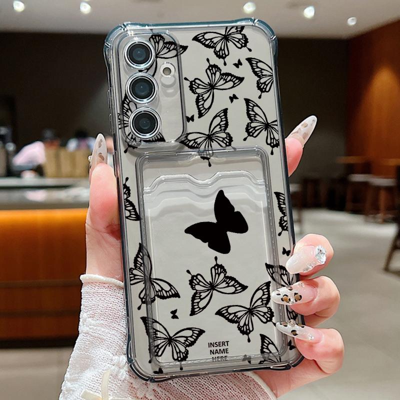 Black Butterfly Pattern Clear Card Slot Case For Samsung S24 FE S23 Ultra S22 A16 A55 A15 A35 A54 A14 Transparent Shockproof Soft Silicone Phone Cover