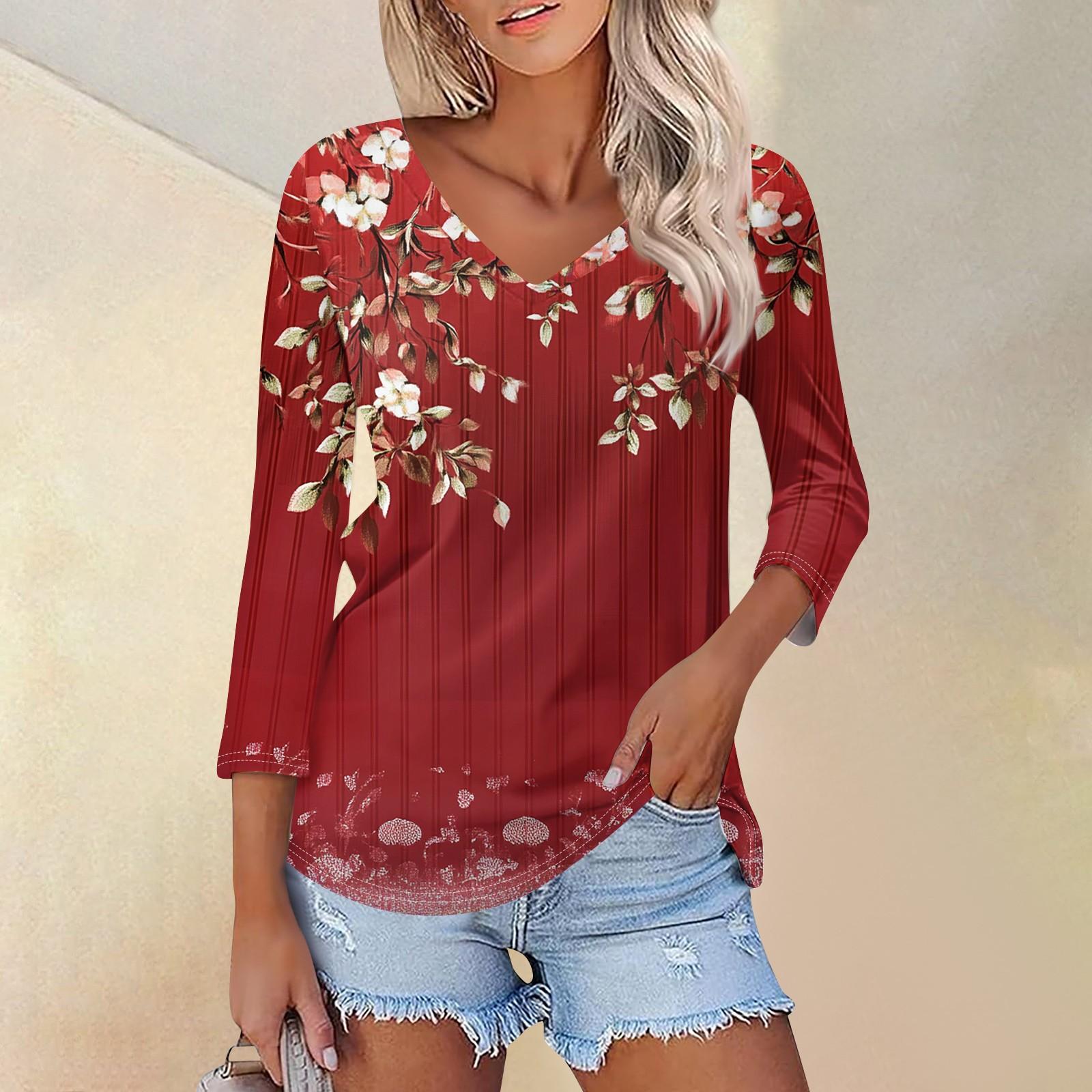 

Женская футболка Футболка с принтом Рукав 3/4 Повседневные Выходные Мода Классический V-образный вырез Обычный Топ XXXL киноварь