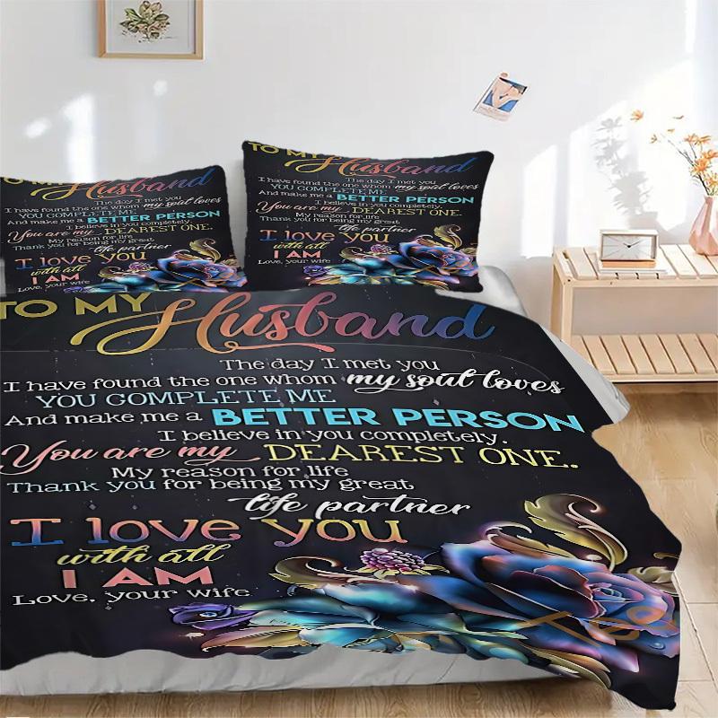 

3PCs Love Quotes for Husband Design Cover Set, Breathable Fabric(1 Duvet Cover + 2 Pillowcases) (Without Quilt) yy250911183 135x200cm