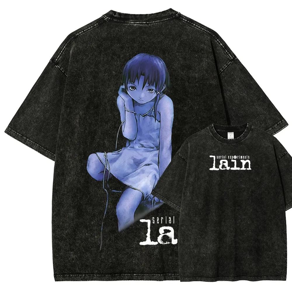T-shirt Grafica Classica Retrò Anime Serial Experiments Lain Vestibilità Larga Casual Oversize Cotone Lavato Vintage Top Streetwear