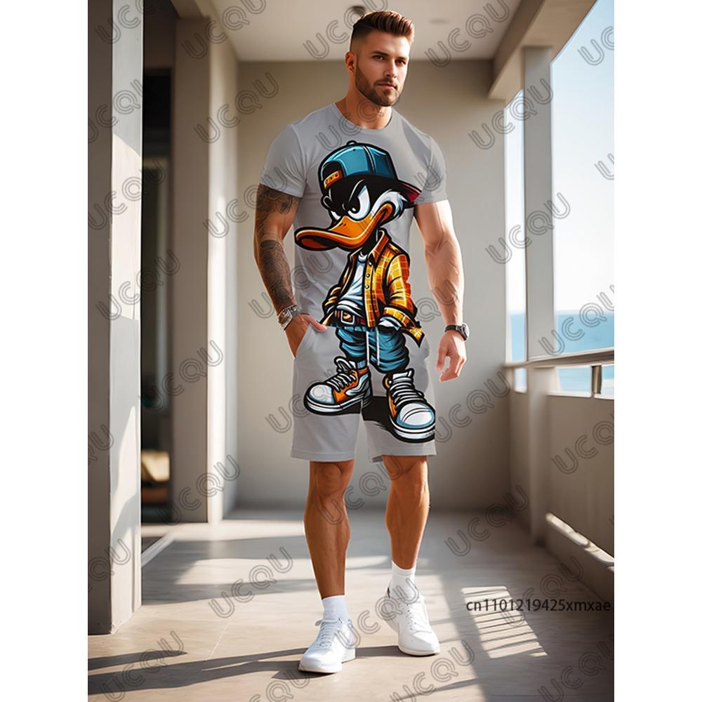 Men's Sets Gradient Funy Duck Print Short Sleeve T-Shirt+Shorts Suit Casual Set Sports Streetwear 2 Piece Outfit