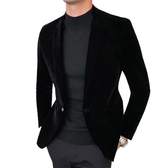 Spring Men Blazer Solid Color Turndown Collar Long Sleeve Slim Fit Single Button Velvet Suit Coat Streetwear