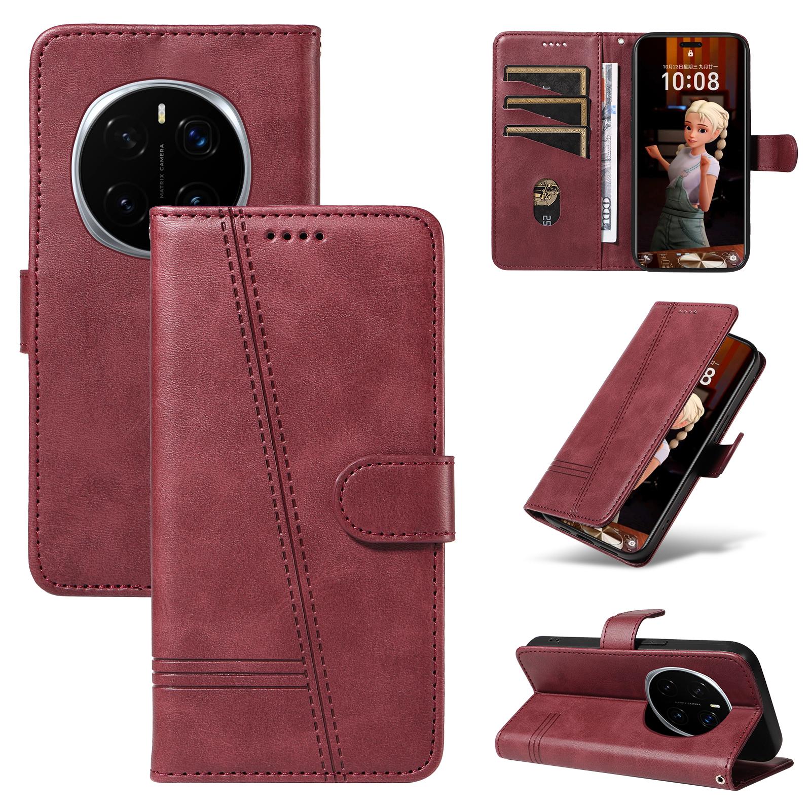 

For Honor Magic7 Pro 5G Wallet Case T-Shape Lines Leather Phone Cover Stand Wine Red