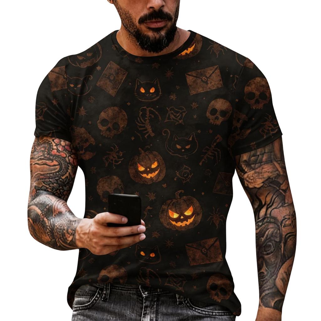 Men Halloween Graphic Short Sleeve T Shirt Casual Loose Fit Summer Daily Wear Top with Pumpkin and Spider Web Print