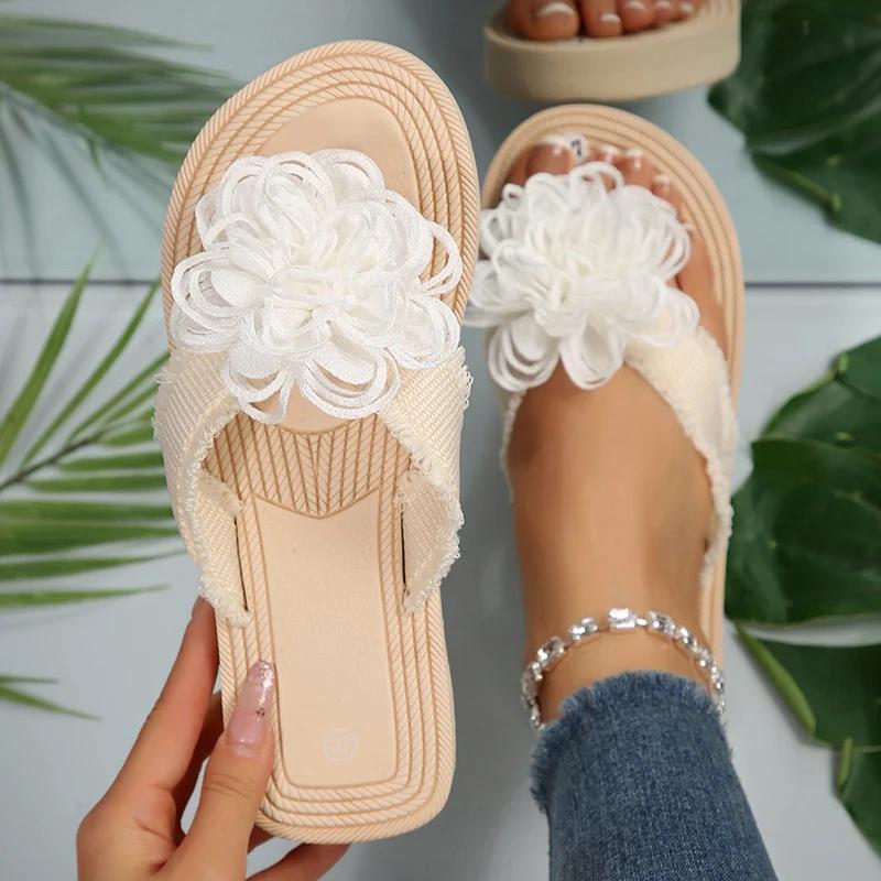Fashionable Floral Decor Women's Flip Flops EVA Sole Lightweight Flat Sandals Woman 2025 Summer Comfort Non Slip Beach Slippers