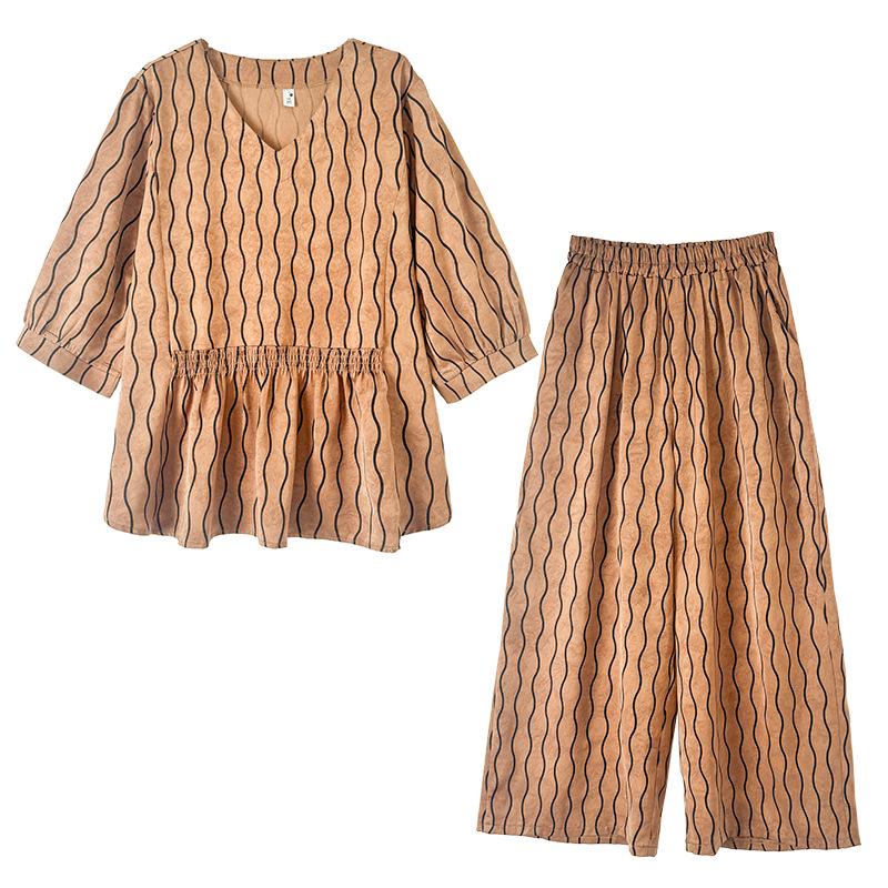 Real Shot 2025: Chic Slimming Plus-Size Summer Two-Piece Set with Light Mature Style and Wide-Leg Pants