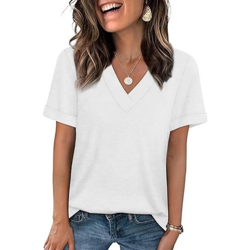 Women S Solid Color V Neck Short Sleeve Casual T Shirt
