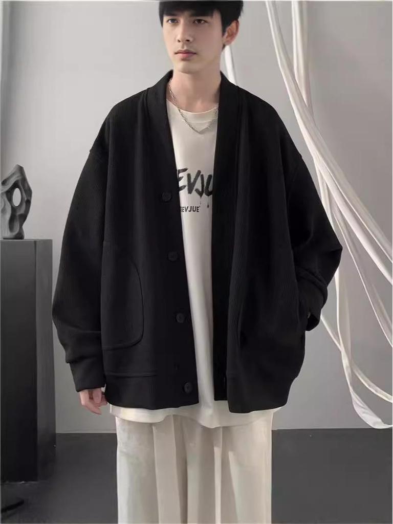 Men's Trendy V-Neck Waffle Knit Cardigan Hoodie - Spring/Autumn Casual Loose Fit Jacket