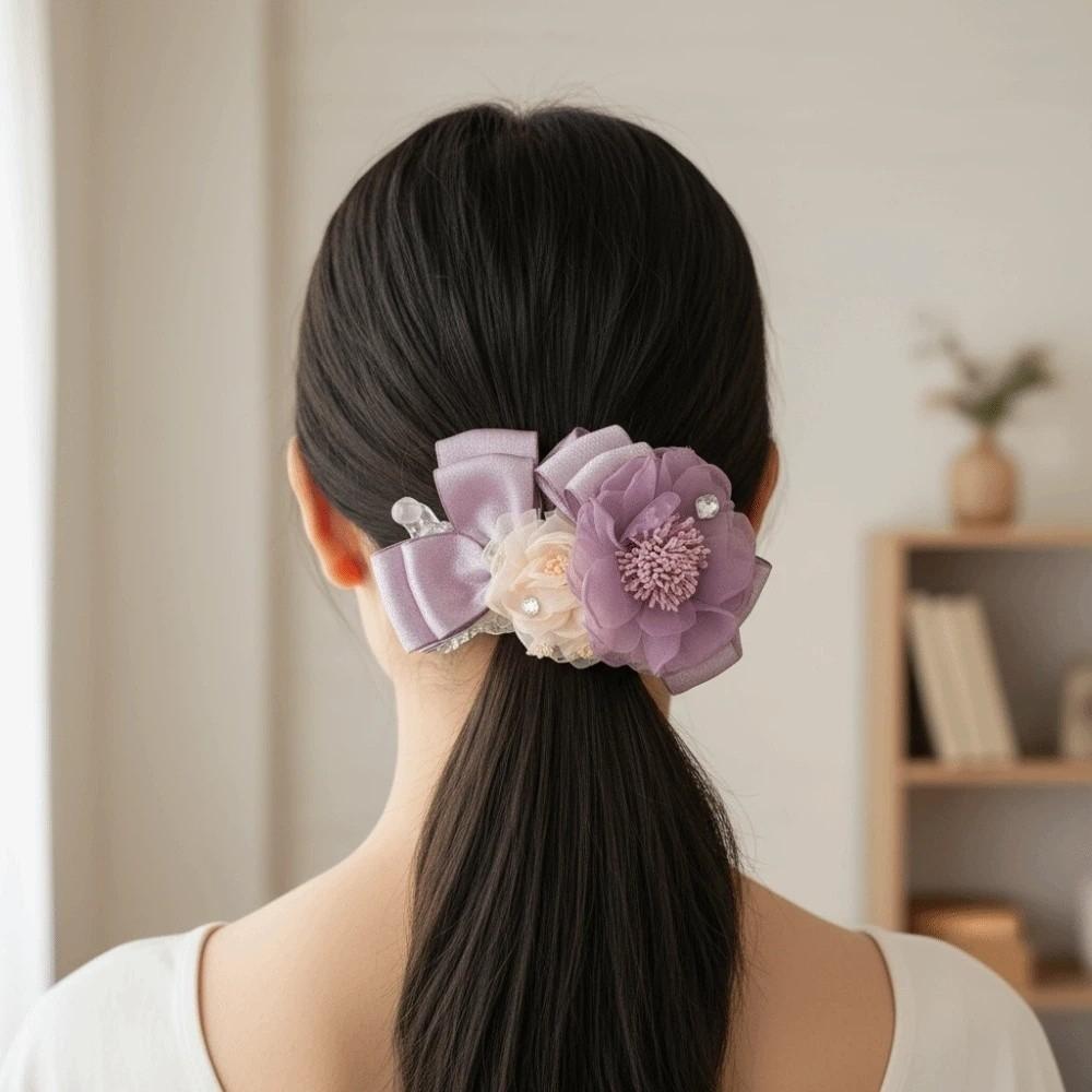 Elegant Flower Banana Clip Resin Women Ponytail Holder Fashion Purple Mesh Vertical Clip  for Gifts