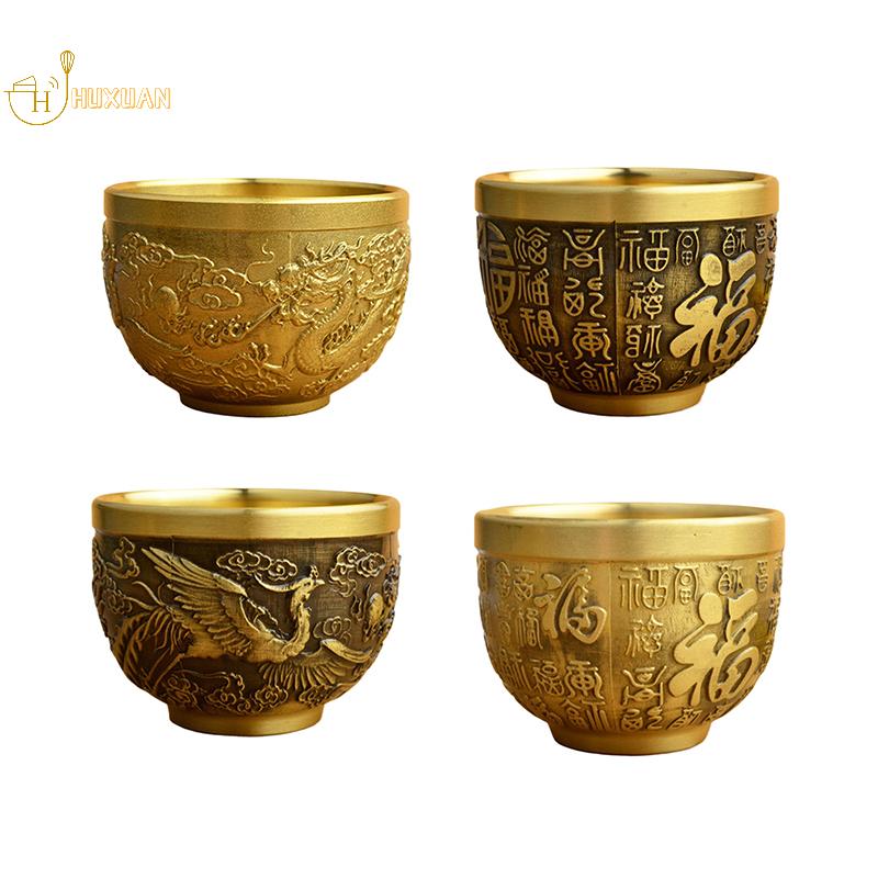 Cilindro di fenice portafortuna, tradizionale ornamento intagliato a mano in ottone, tazza da bere, ciotola in ottone Feng Shui, decorazione da tavolo