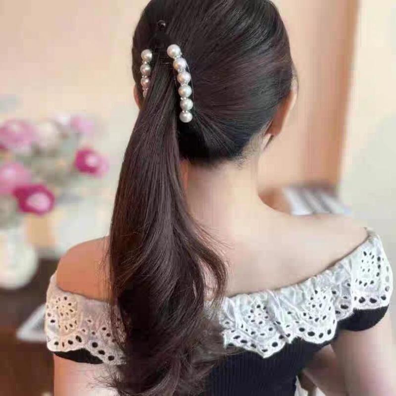 Fashion Pearl Rhinestone Banana Hair Clip Bling Decor Hair Barrettes for Girls Birthday Gift Daily Outing Hair Accessories
