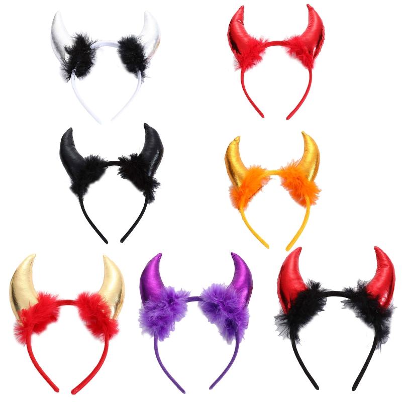 Halloween Feather Decor Ox Horn Shape Glitter Headband Movie Demon Evil Devil Horn Hair Hoop Gothic Cosplay Party Costume