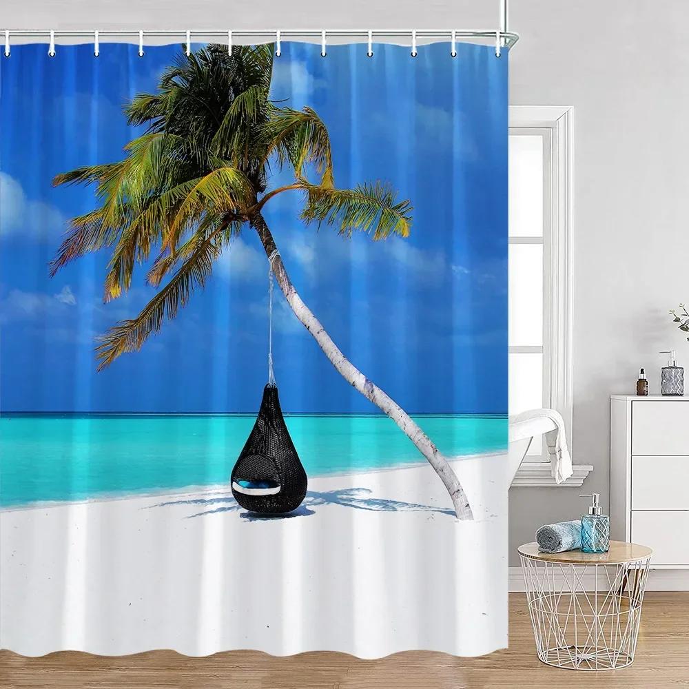 Seaside Beach Shower Curtain Summer Holiday Coconut Tree Sea View Bathroom Bathtub Decoration Polyester Shower Curtain