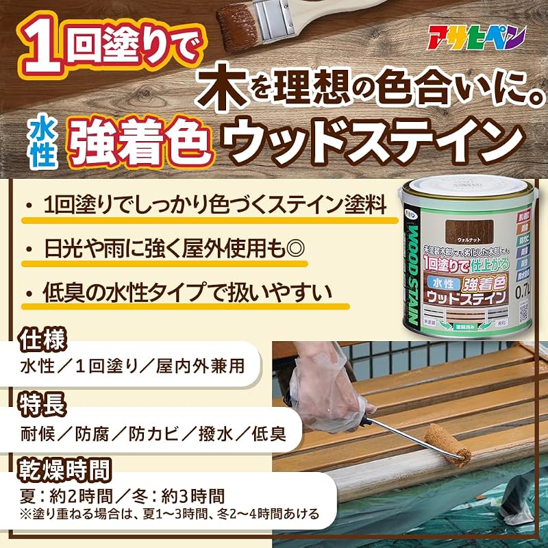 Asahi Paint Water-Based High-Strength Wood Stain 0.7L Walnut - Paint for Wood, Wood Protection, Single Coat, Stain Finish, Low Odor, Water Repellent,
