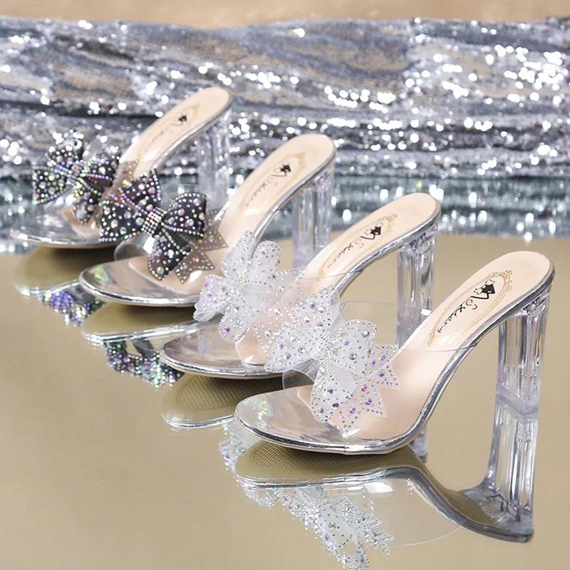 Fashion Rimocy High Heels Crystal Bowtie Slippers Women 2025 Summer Open Toe Transparent Pvc Sandals Woman Clear Heeled Party Slides