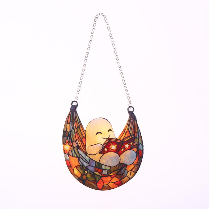 Colorful Shadow Window Suncatcher for Halloween Featuring Acrylic Ghost Reading Design