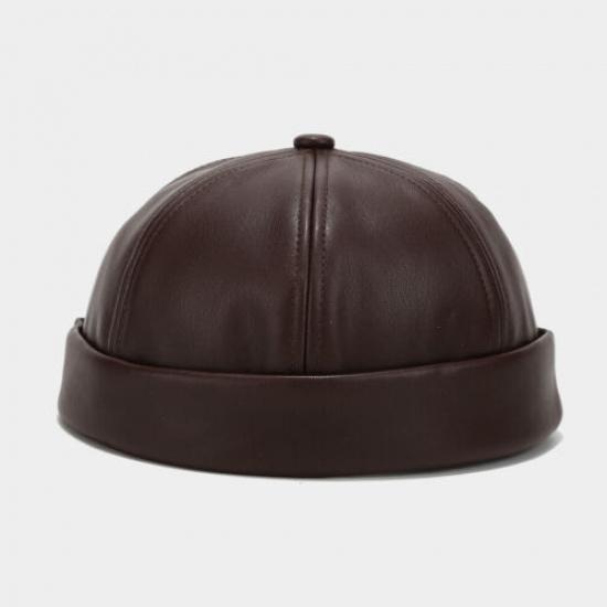 Women Men Faux Leather Docker Cap Hat Round Top Brimless Design Hat Solid Color