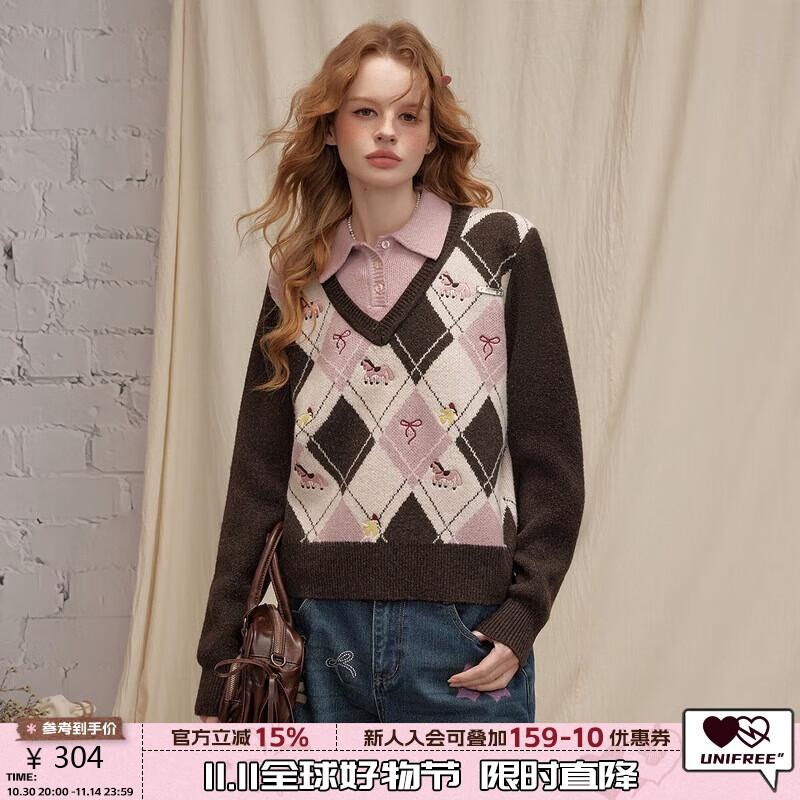 unifree Women's British Style Plaid Faux Two-Piece Knit Sweater