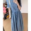 Korean Version Waist Blue Medium and Long Short-sleeved Dress Women's Vacation Retro Temperament Plaid a Character Temperament Long Skirt