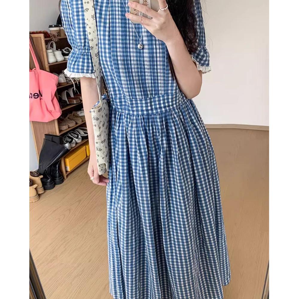Korean Version Waist Blue Medium and Long Short-sleeved Dress Women's Vacation Retro Temperament Plaid a Character Temperament Long Skirt