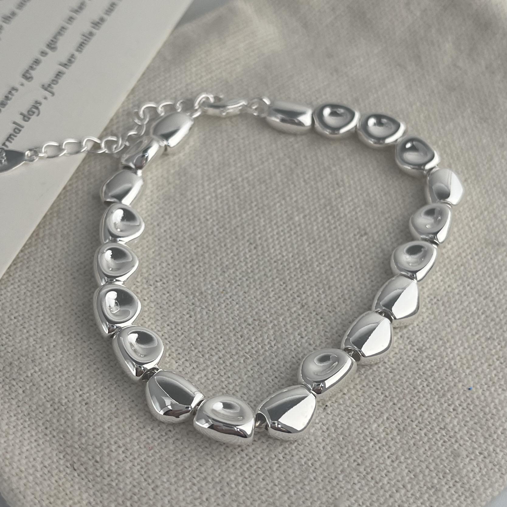 

100% Solid 925 Sterling Silver Metal Bracelet for Women Vintage Handmade Simple Wide Heart Chain Bracelet Birthday Gift Party