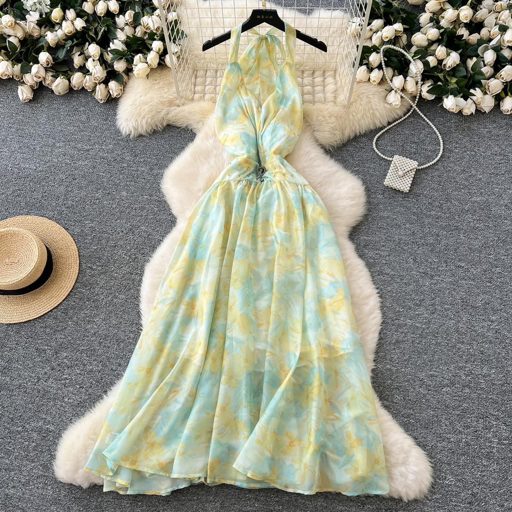 Summer Women V-neck Print Chiffon Halter Open Back Beading Long Maxi Holiday Beach Dresses