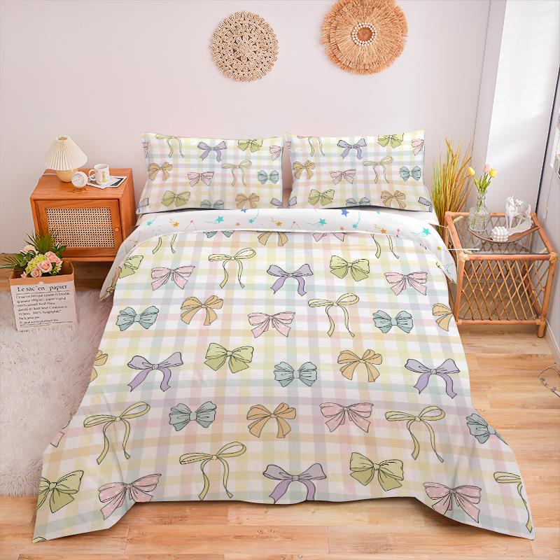 3Pc Yellow-Based Checkered Bow Tie Duvet Cover Set (1 Duvet Cover+ 2 Pillowcases) Machine Washable Quilt Protector