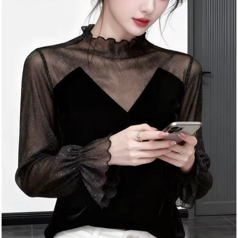 Spring and Autumn Women s Mesh Velvet Blouse Rhinestones Long Sleeve Half Turtleneck Velvet Blouse Bell Sleeve Gold Velvet Pullover Top M чёрный