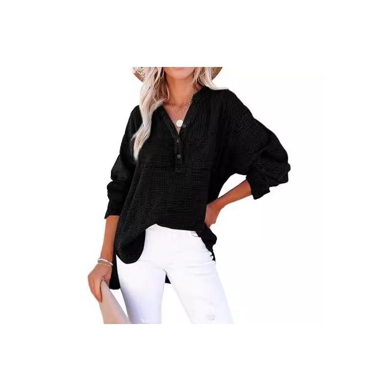 Street Style Wrinkled Cotton Long Sleeve Shirt For Women With Button Closure