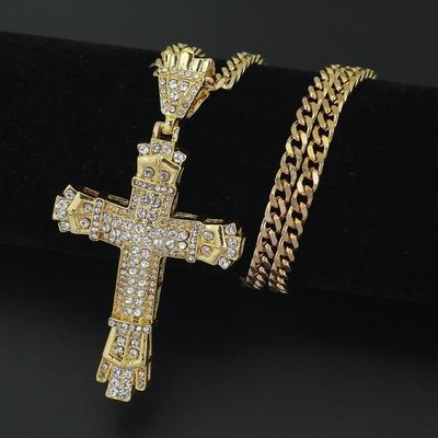 Collana con Ciondolo a Croce Placcata Oro Incastonata di Diamanti – Stile Hip-Hop Europeo & Americano per Uomo