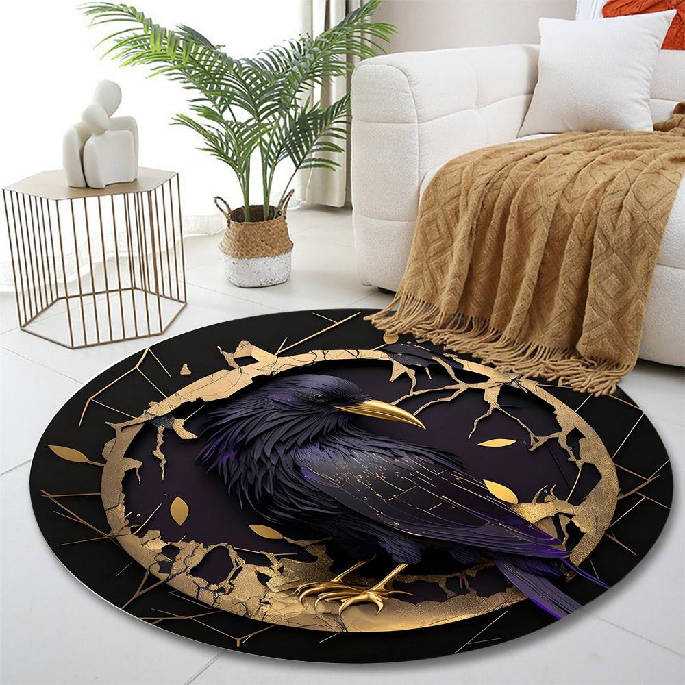 Golden Raven on Black Abstract Circle Print round rug, living room, bedroom, playroom carpet, non slip floor mat, gift