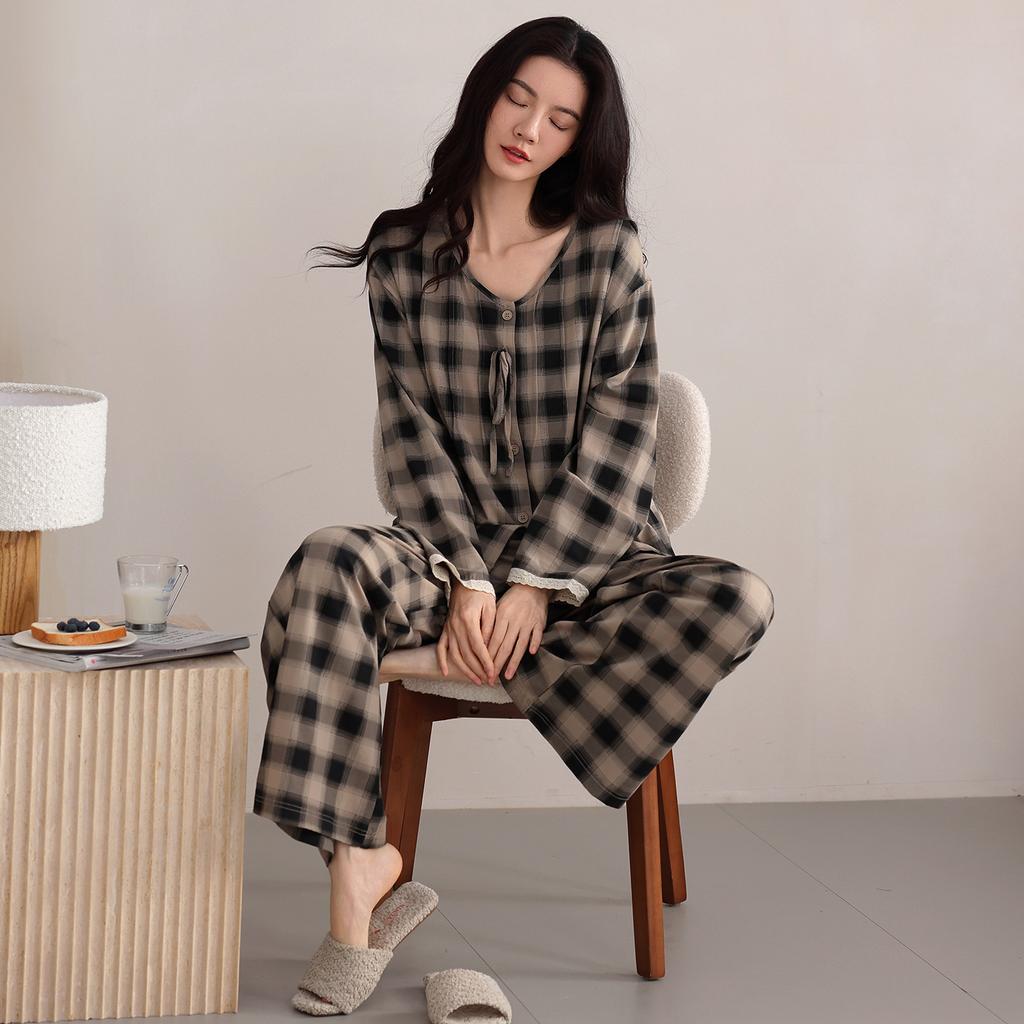Pajamas women's spring, autumn and winter new pure cotton long-sleeved fashion plaid high-end cotton beautiful loungewear can be worn outside