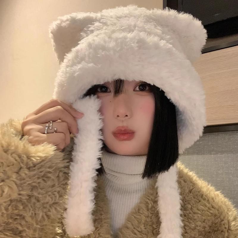 New winter white fluffy hat female bear ears warm ear protection plush hat big head circumference Lei Feng hat