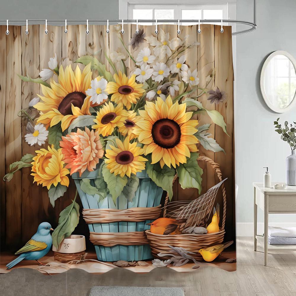 

Rustic Sunflower Shower Curtains Vintage Farm Barn Wooden Door Autumn Floral Butterfly Bathroom Curtain Polyester Home Decor Set W60H190(CM)-1 Pcs