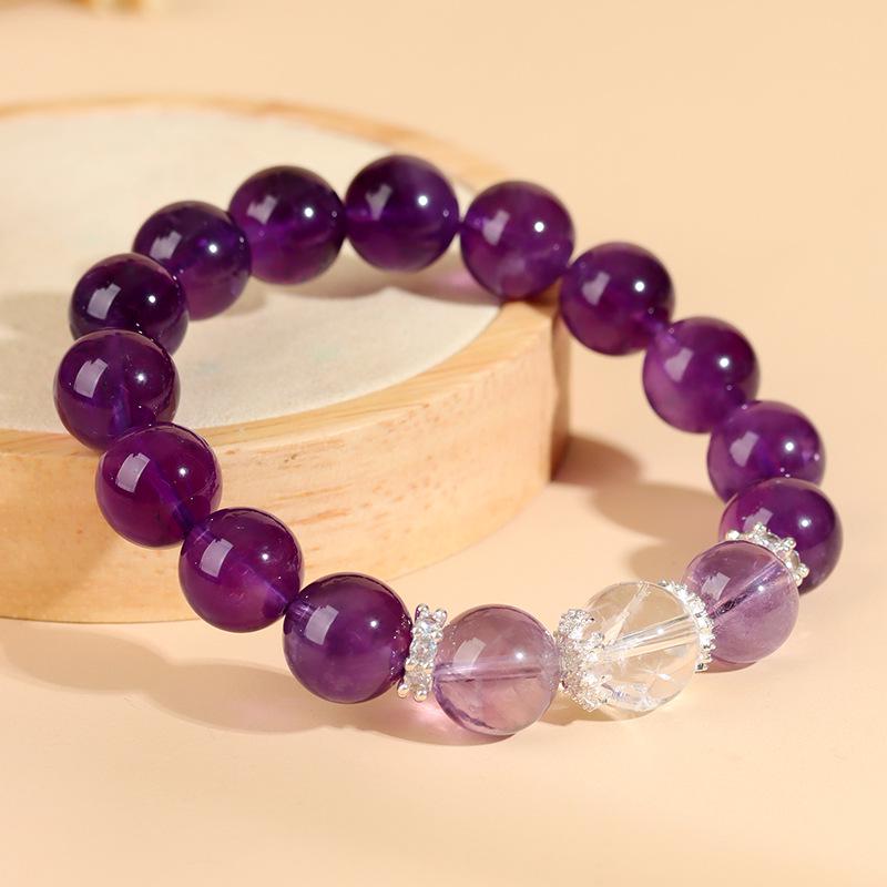 Natural Uruguayan Amethyst & White Agate Round Bead Bracelet for Women