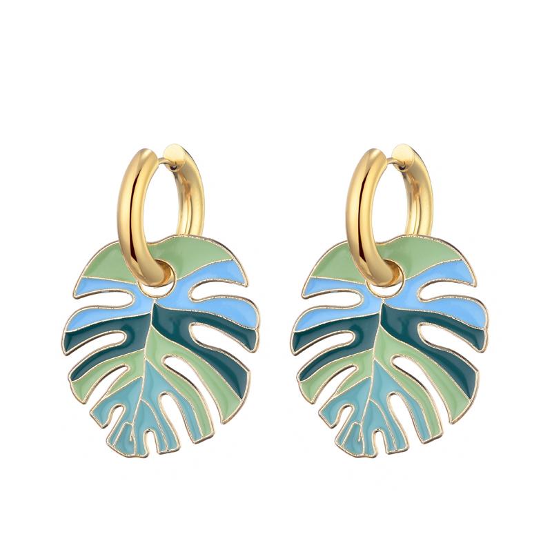 Orecchini a cerchio rotondi smaltati colorati con ciondolo a foglia grande in acciaio inossidabile color oro per donna Gioielli Statement Vintage