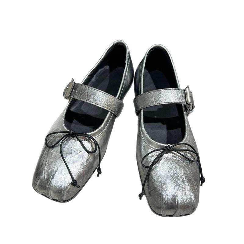 Cowhide version~ niche design square head bow one-word buckle with Mary Jane women's shoes flat casual temperament single shoes