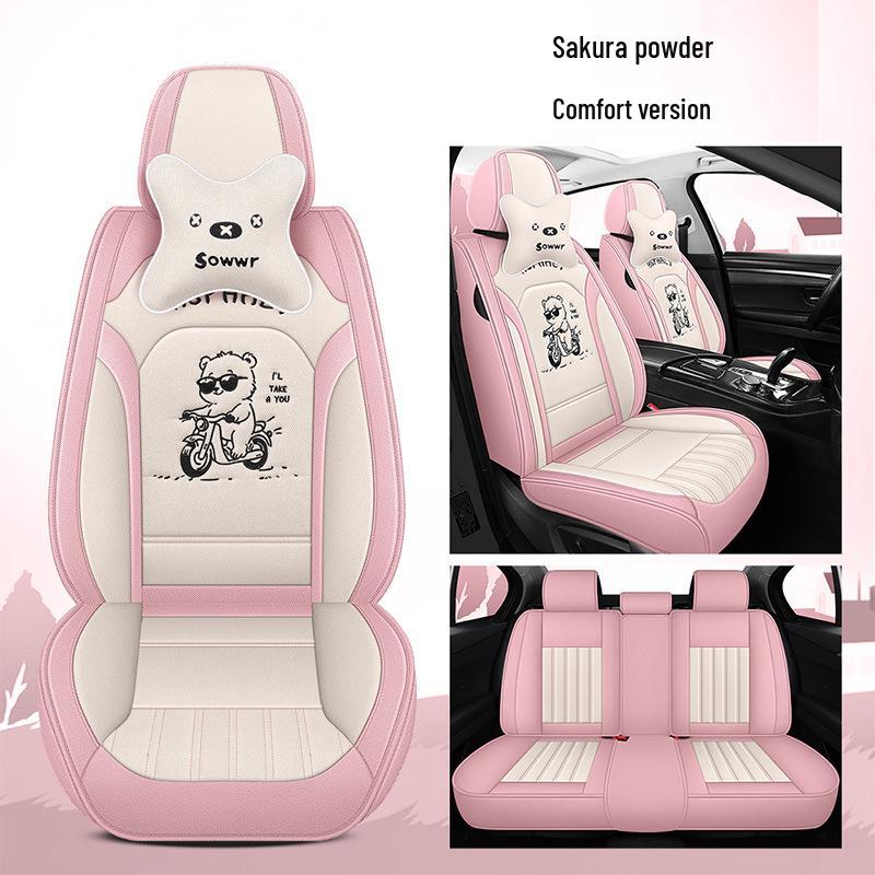 All-Season Linen Car Seat Cover - Breathable, Full Coverage with Cute Cartoon Design for Autumn/Winter