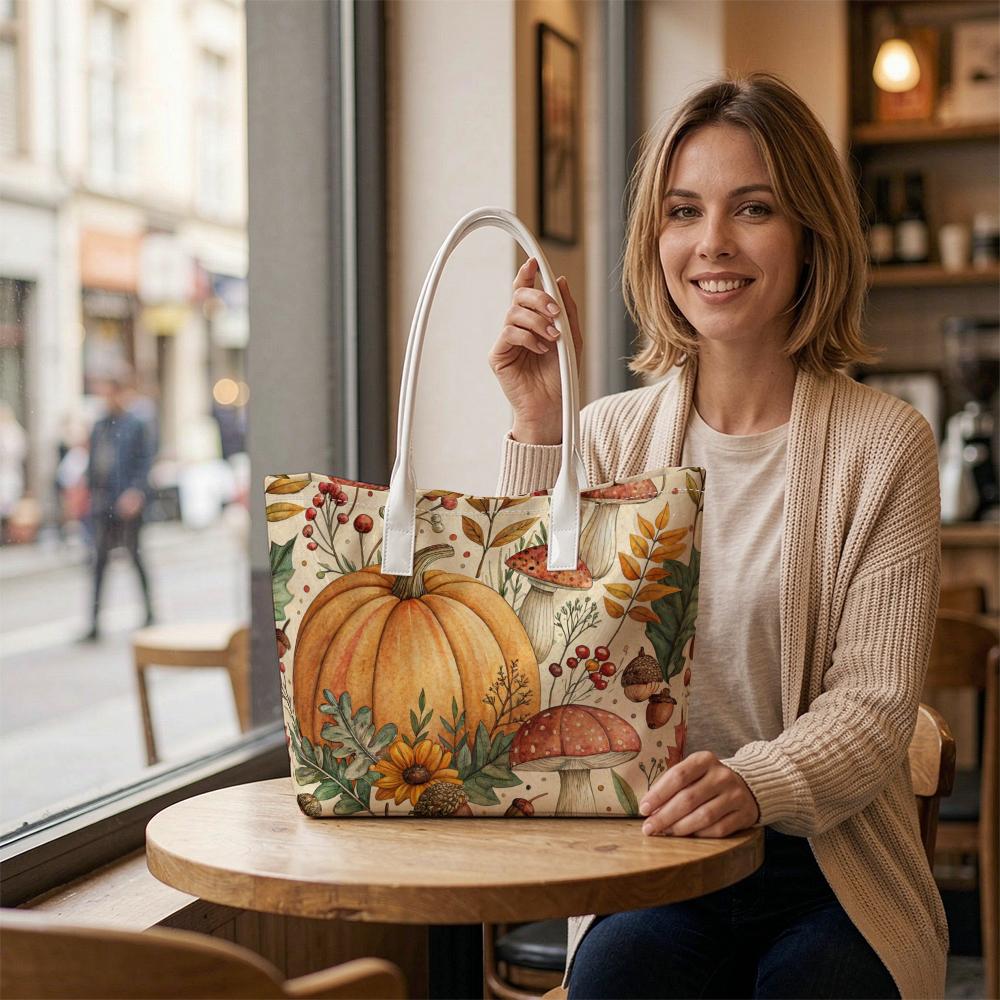 Autumn Pumpkin Mushroom Pattern Casual Tote Bag for Daily Shopping
