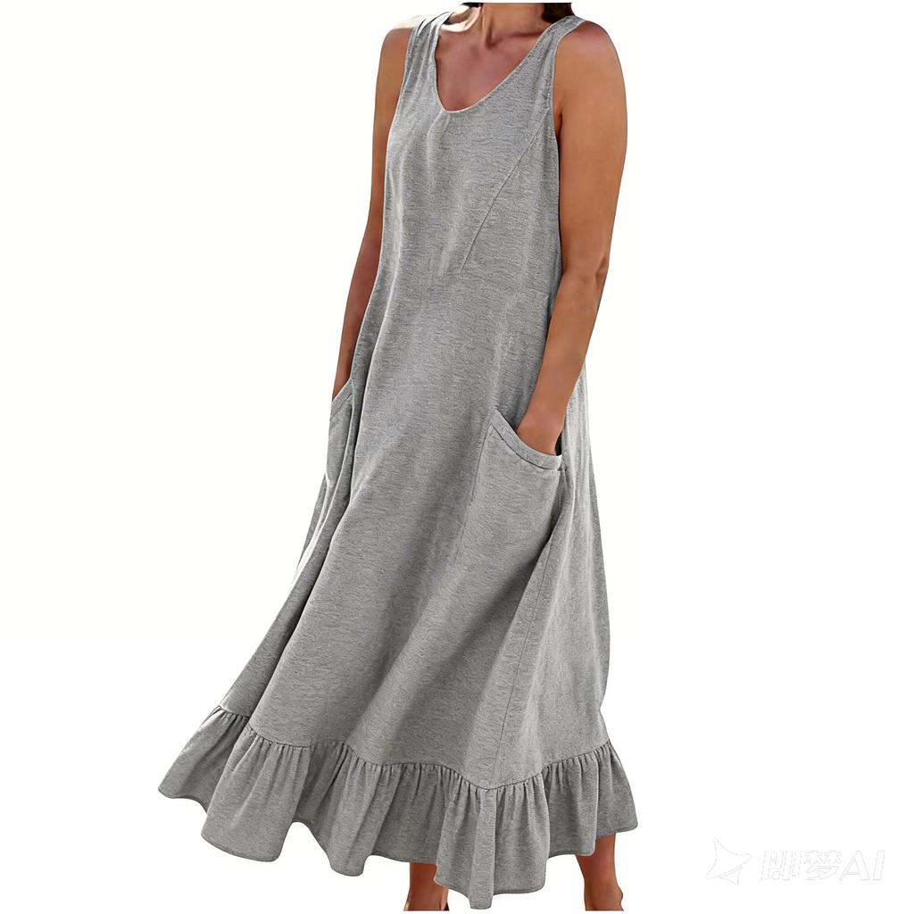 Women's Fashion Casual Colour Sleeveless Cotton Linen Pocket Dress
