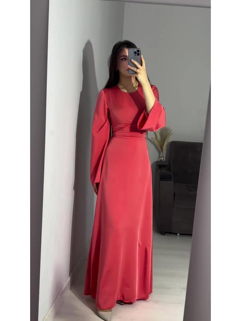 2024 Frühling Schlankheits Taille Einfarbig Langarm Elegantes Kleid für Frauen