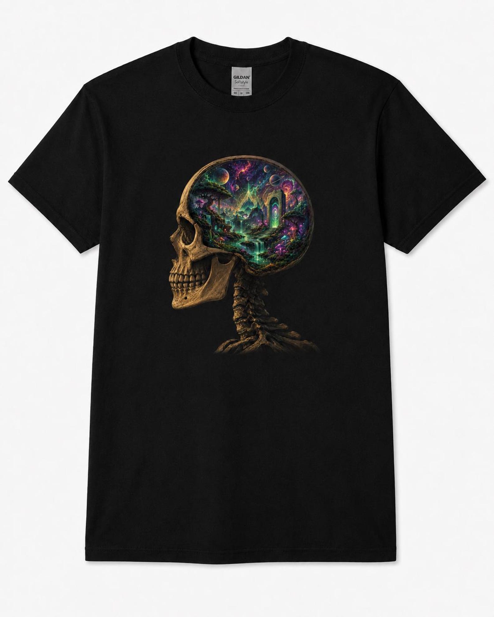 Trippy Skull T Shirt, Psychedelic Cosmic Brain Graphic Tee, Vaporwave Skeleton Shirt, Surreal Nature Portal Art, Gothic Streetwear 2XL