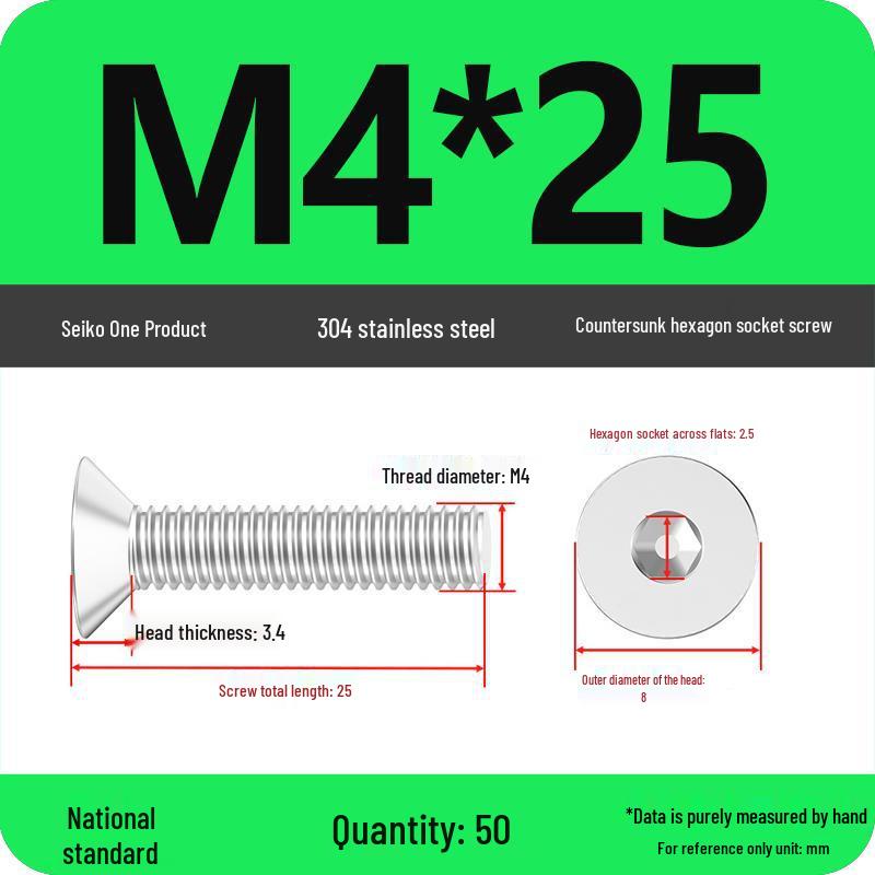 M2-M10 Stainless Steel Flat Head Machine Screws and Bolts Set, Countersunk Hex Socket Cap, 304 Grade.
