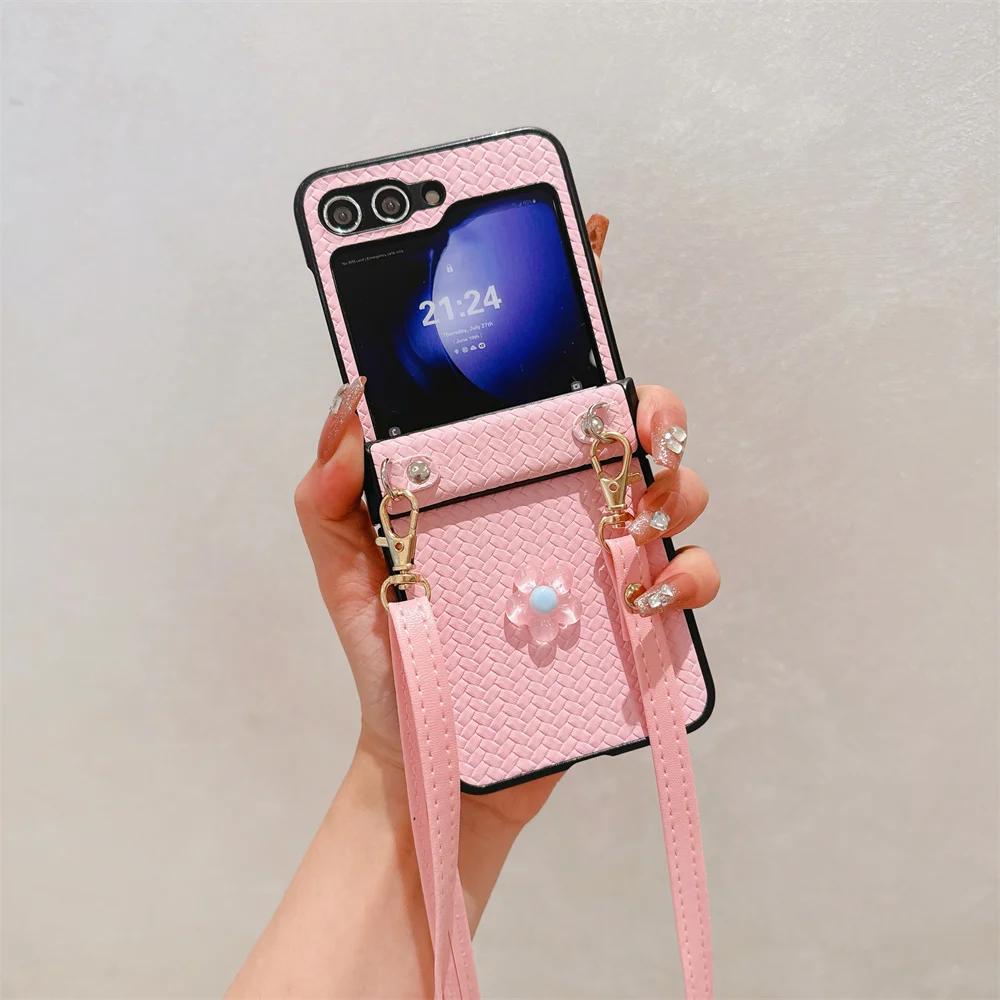 Weave Crossbody Leather Flower Stickers Phone Case for Samsung Galaxy Z Flip 6 5 4 3 Flip6 Flip5 Flip4 Flip3 Shockproof Cover